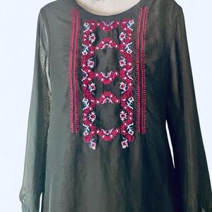 Black embroidered blouse with long sleeves and Sheer trim S